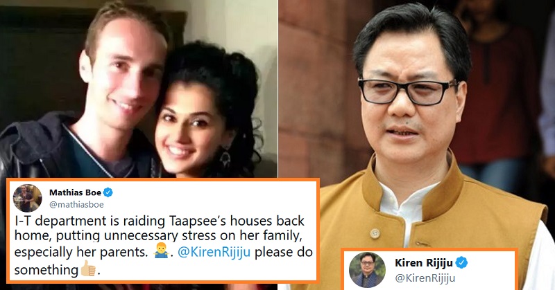 Kiren Rijiju Gives Perfect Response To Taapsee’s Boyfriend After He Asks For Help After IT Raids