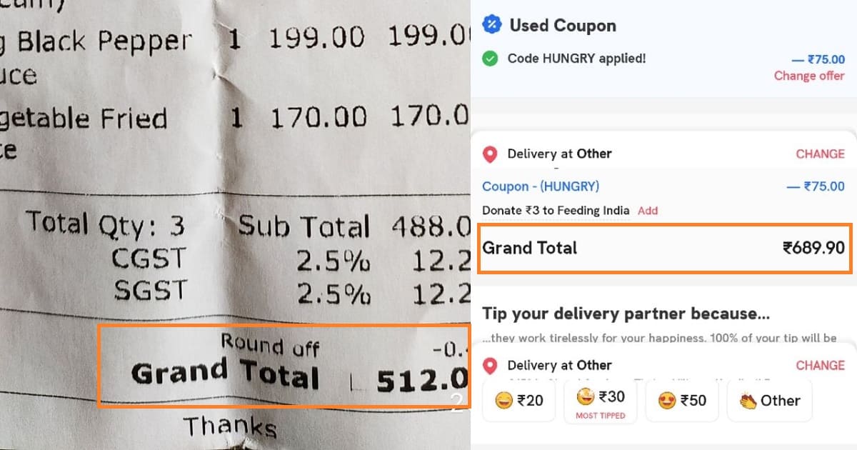 A Customer Compares His Zomato Food Bill With Offline Order, The Results Will Shock You