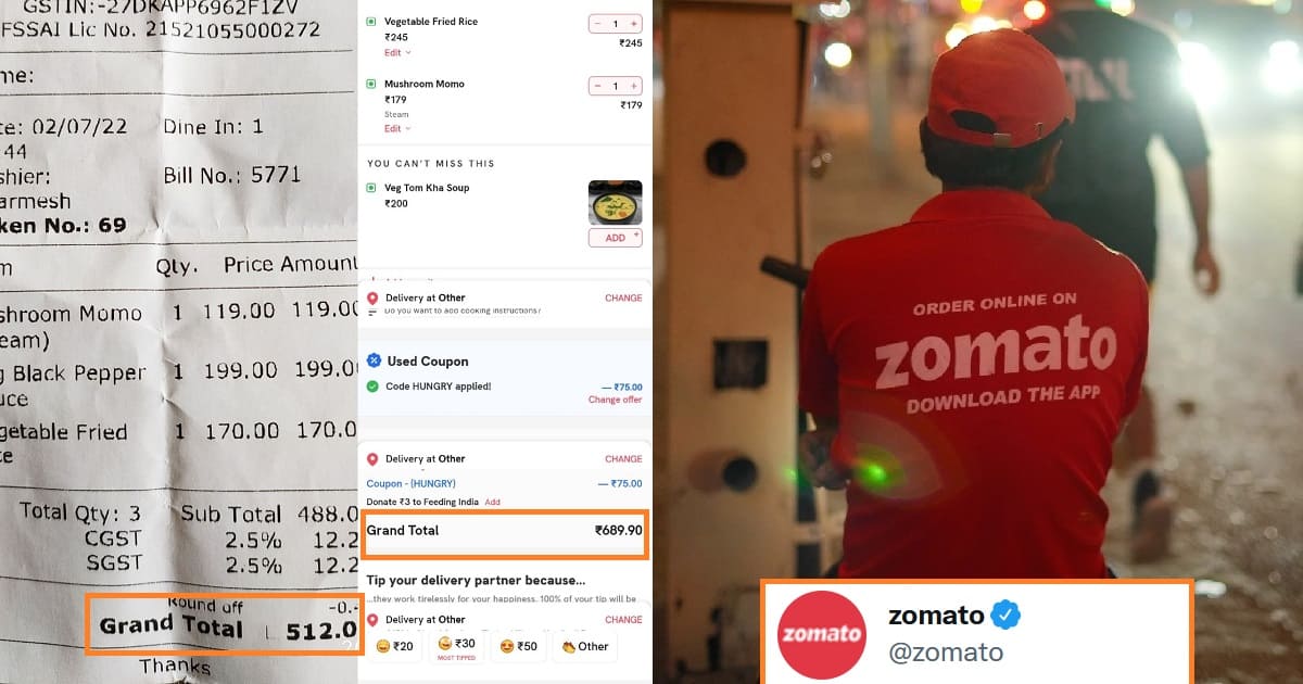 Zomato reply on food bill difference