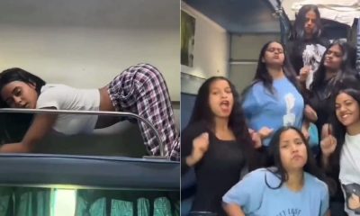 Girls dance in train